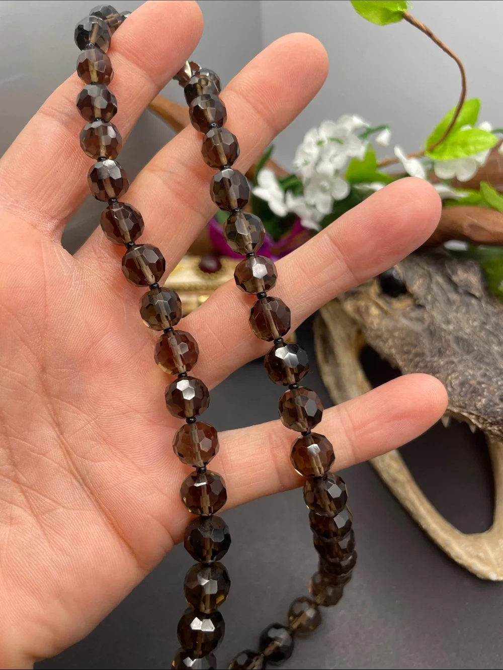 Smoky quartz faceted necklace vintage B64